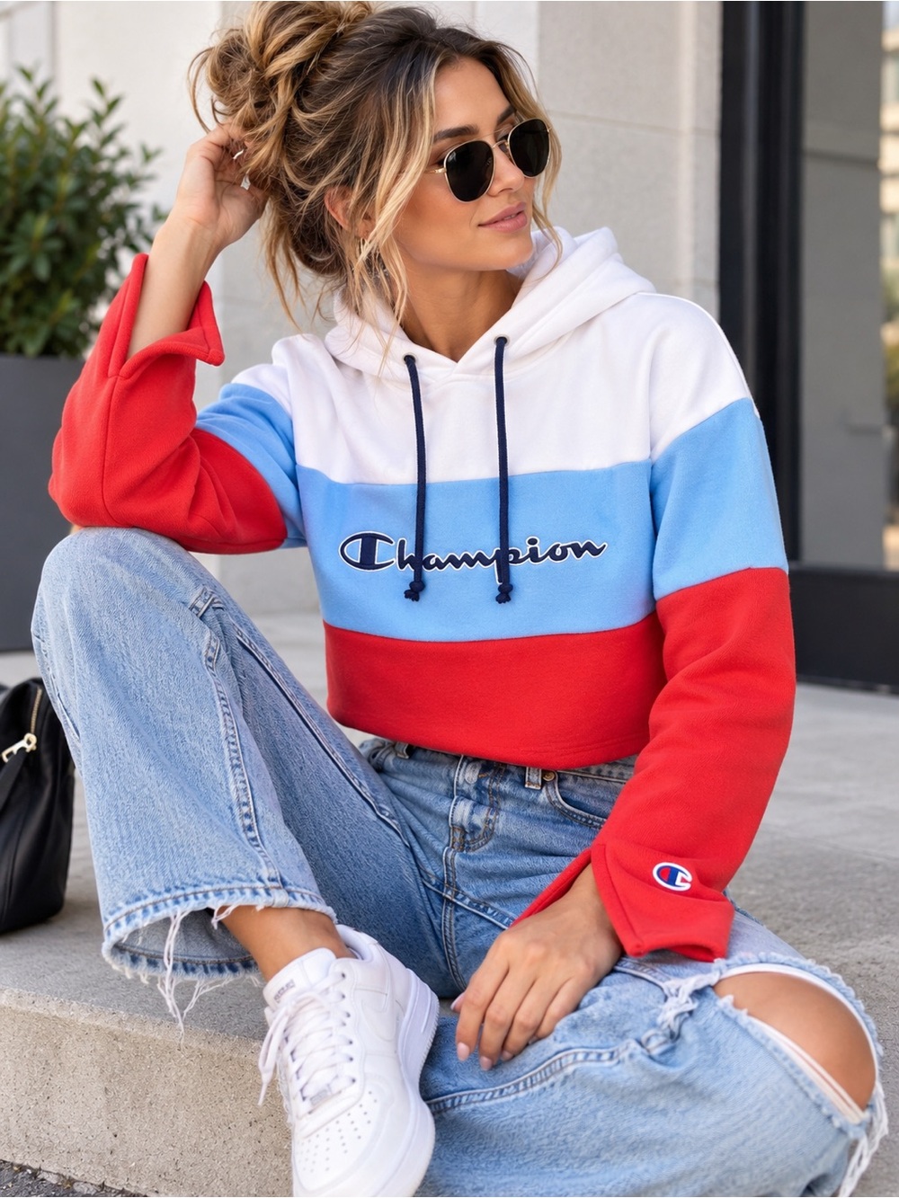 Champion Reverse Weave Colorblock Cropped Hoodie Split Sleeve Small